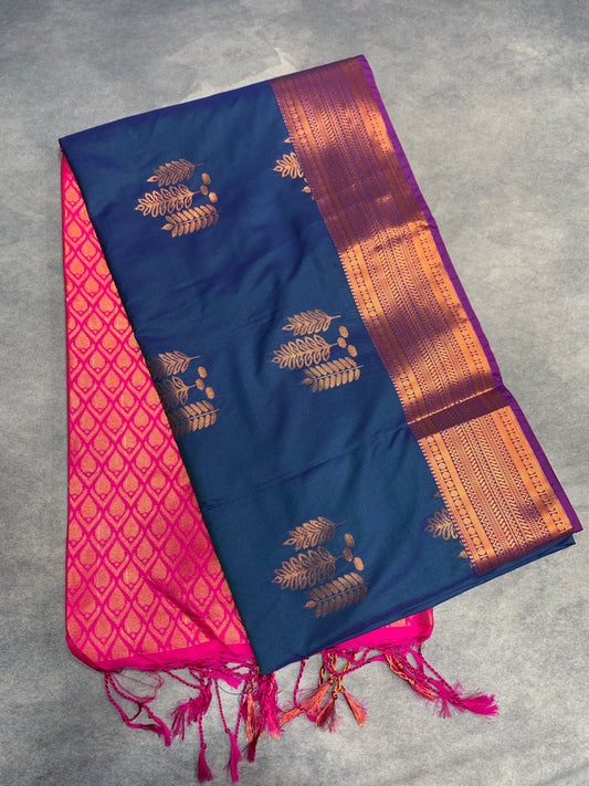 Soft Vegan Silk Saree Dark Blue Colour with Pink and Copper Border