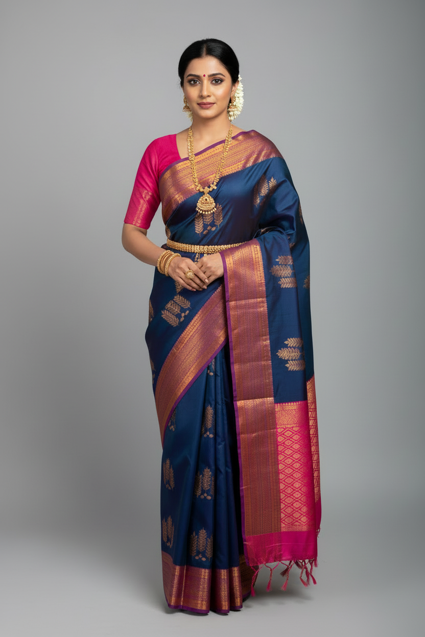 Soft Vegan Silk Saree Dark Blue Colour with Pink and Copper Border