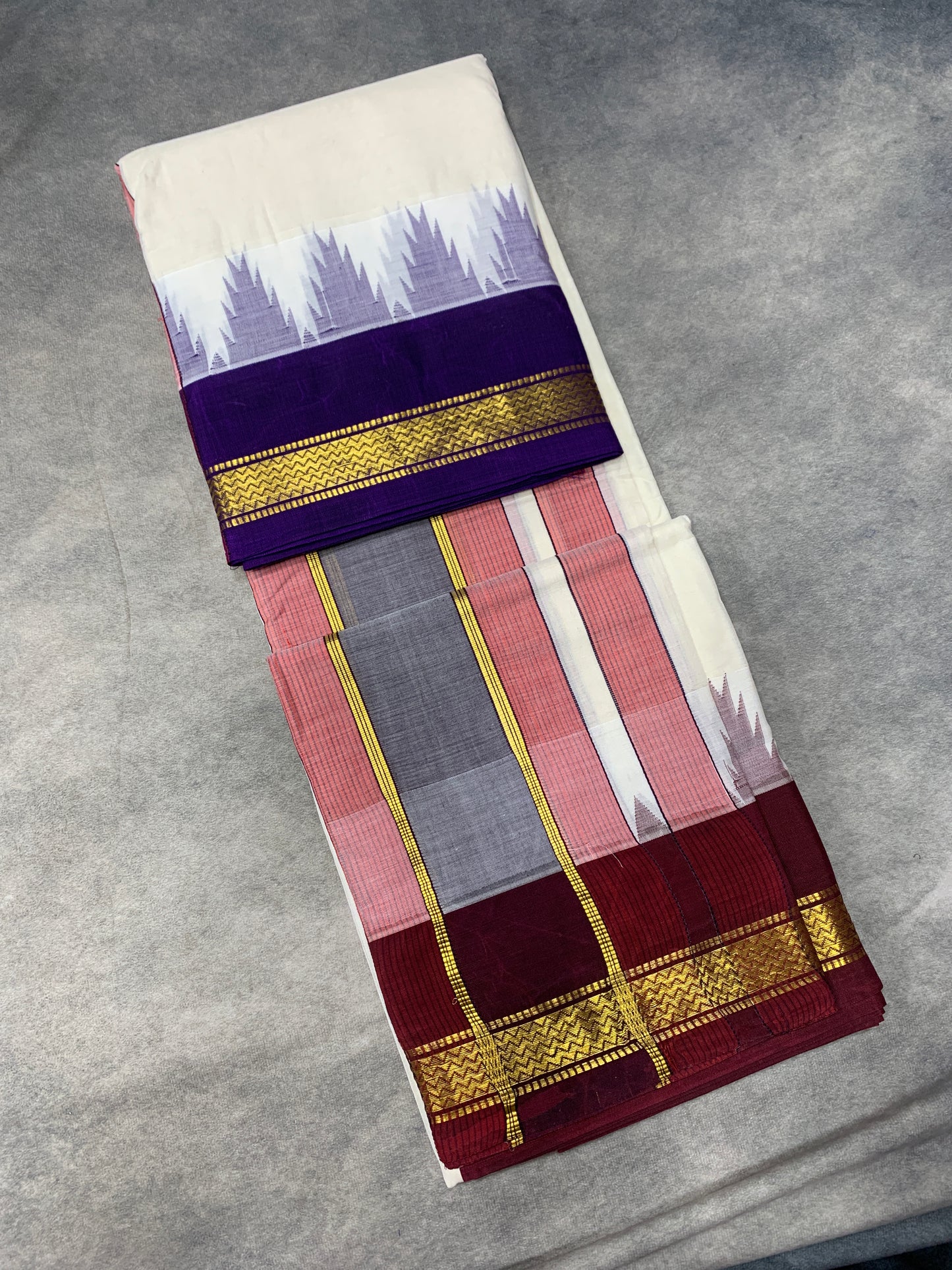 9X5 Korvai Cotton Dhoti Half White Colour Violet and Maroon Colour Border