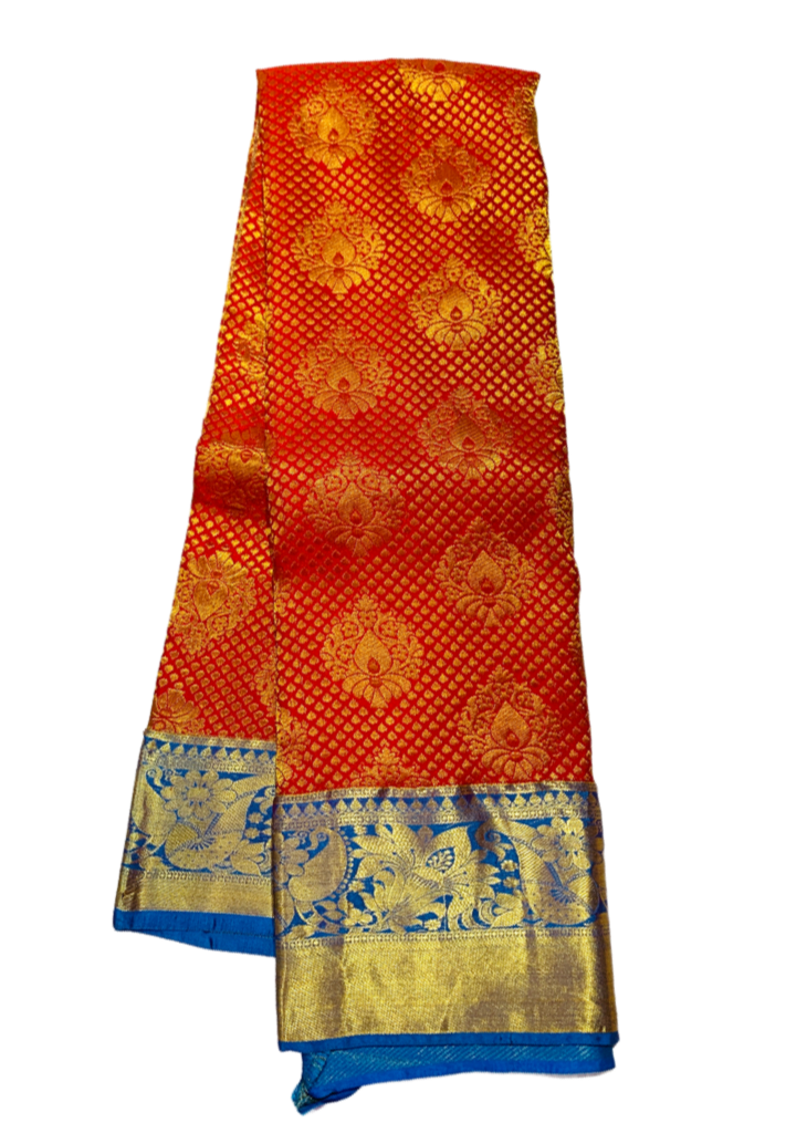 Vegan Silk Saree Red Shade with Golden and Blue Border