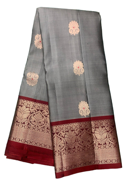 Pure Kanchipuram Silk Saree Gray Colour with Maroon Border