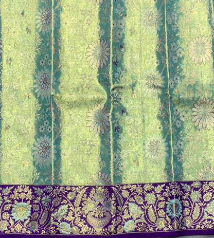 Pista Green Shade Pure Kanchipuram Kids Pattu Pavadai with Contrast Border for Newborn to 2 Years