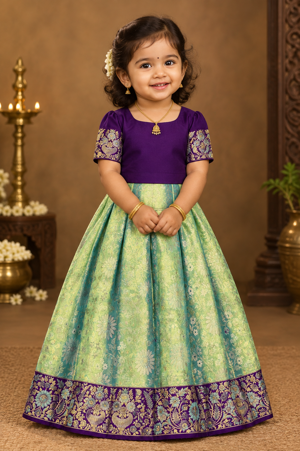 Pista Green Shade Pure Kanchipuram Kids Pattu Pavadai with Contrast Border for Newborn to 2 Years