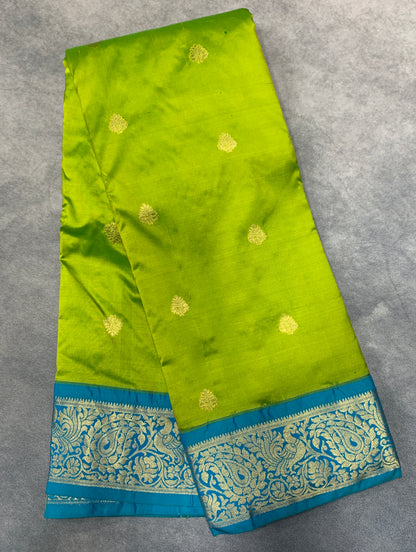 Pure Kanchipuram Silk Saree Light Green Colour with Sky Blue Border