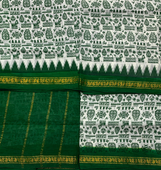 Chettinad Sungudi Cotton White Colour with Green Border