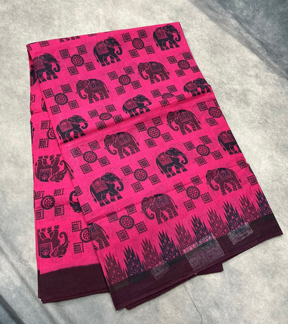 Chettinad Sungudi Cotton Pink Colour with Dark Brown Colour Border