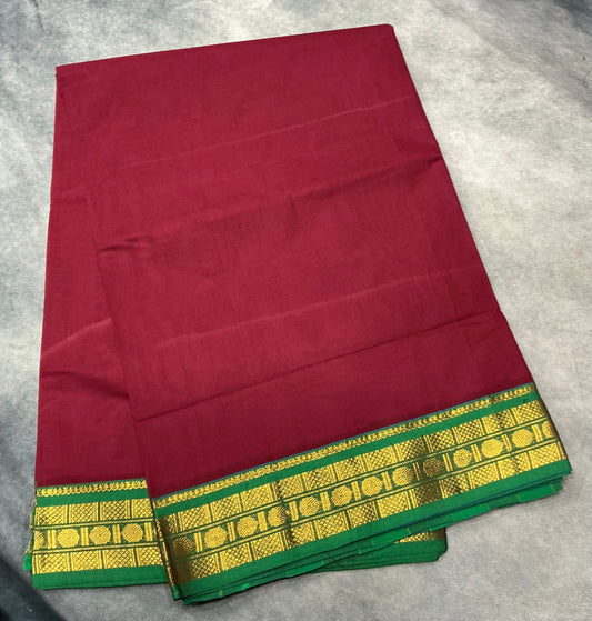 Chettinad Cotton Saree Maroon Colour with Light Green Colour with Zari Work Border