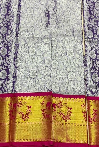 Sliver Blue Shade Vegan Silk unstitched Pattu Pavadai material for age Above 10 years