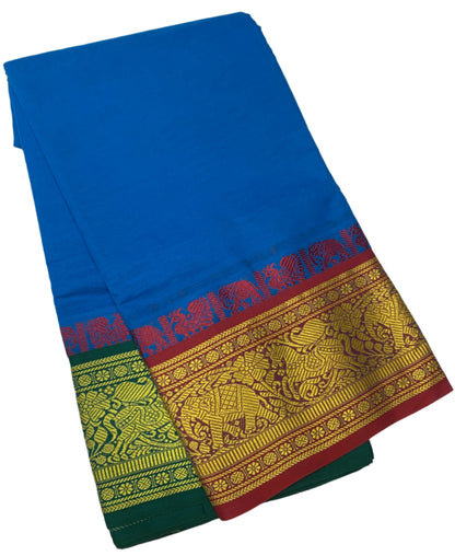 9X5 Cotton Dhoti Sky Blue Colour with Red and Green Border