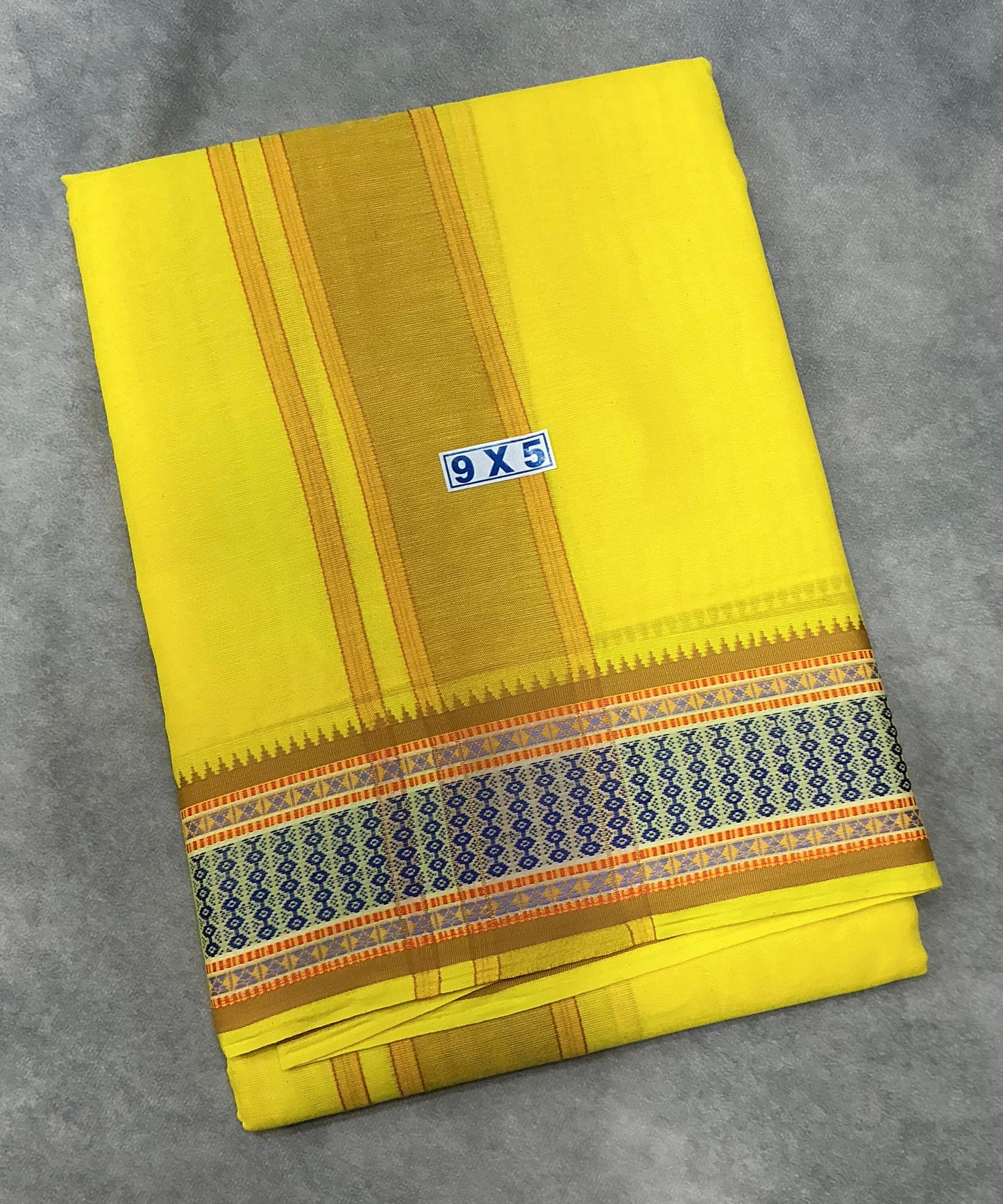 9X5 Cotton Dhoti Yellow Colour with Blue Border