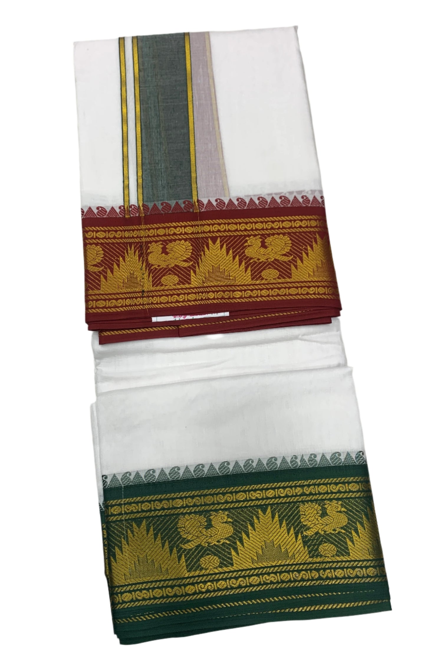 10X6 Cotton Dhoti White Colour with Large Maroon and Green Border