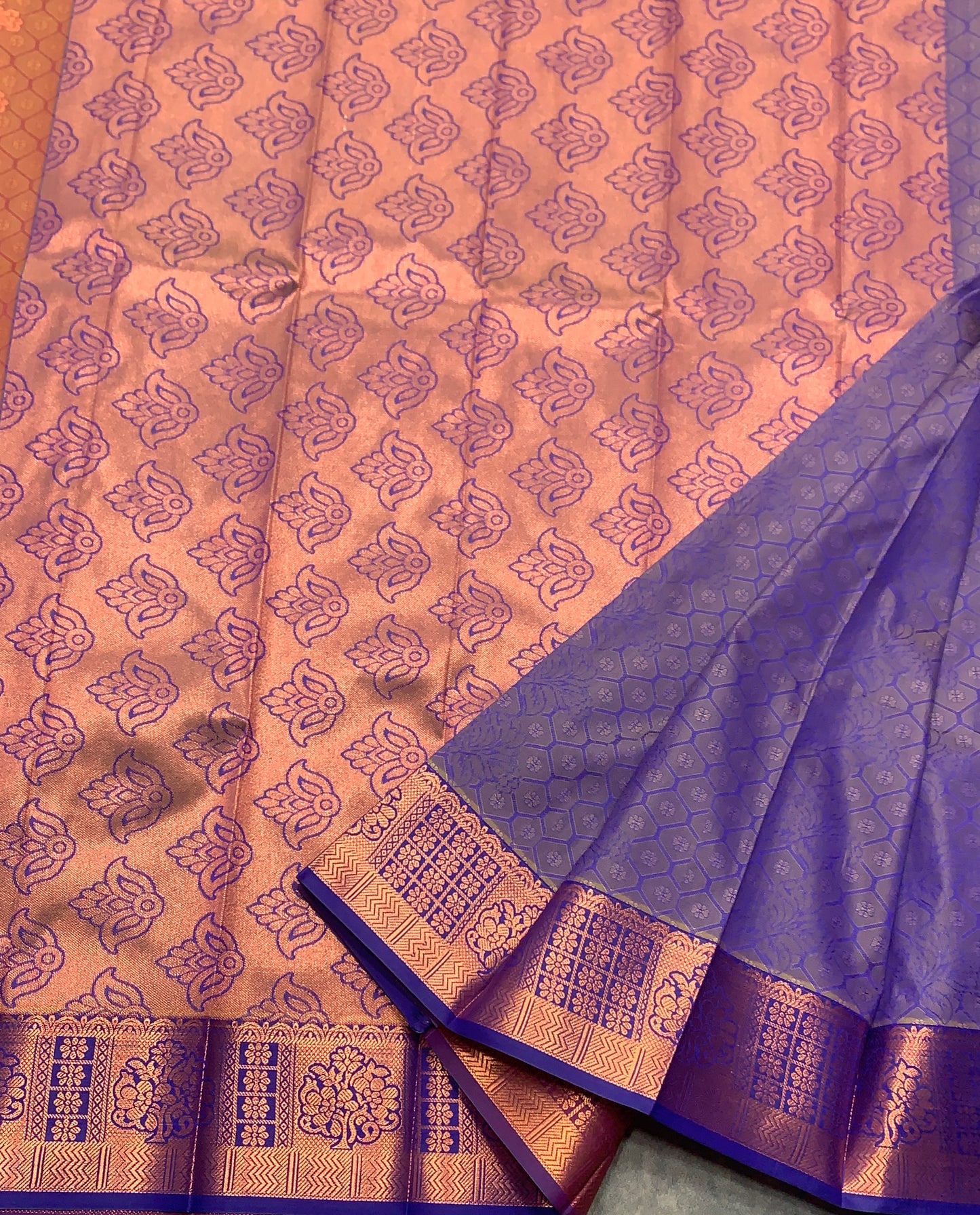 Vegan Silk Saree Brown Colour Saree with Copper and Floral Design