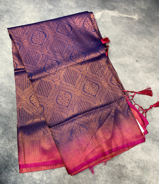 Soft Silk Saree Blue Colour and Stone Work with Pink Colour Pallu
