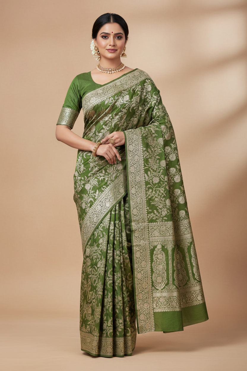 Pure Banarasi Silk Saree Mehendi Green Colour with Self Colour Banarasi