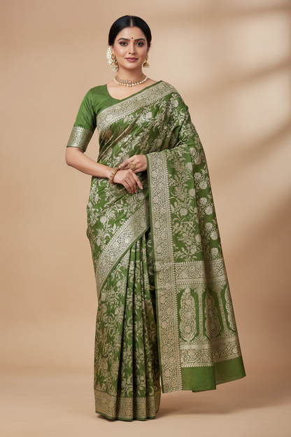 Pure Banarasi Silk Saree Mehendi Green Colour with Self Colour Banarasi