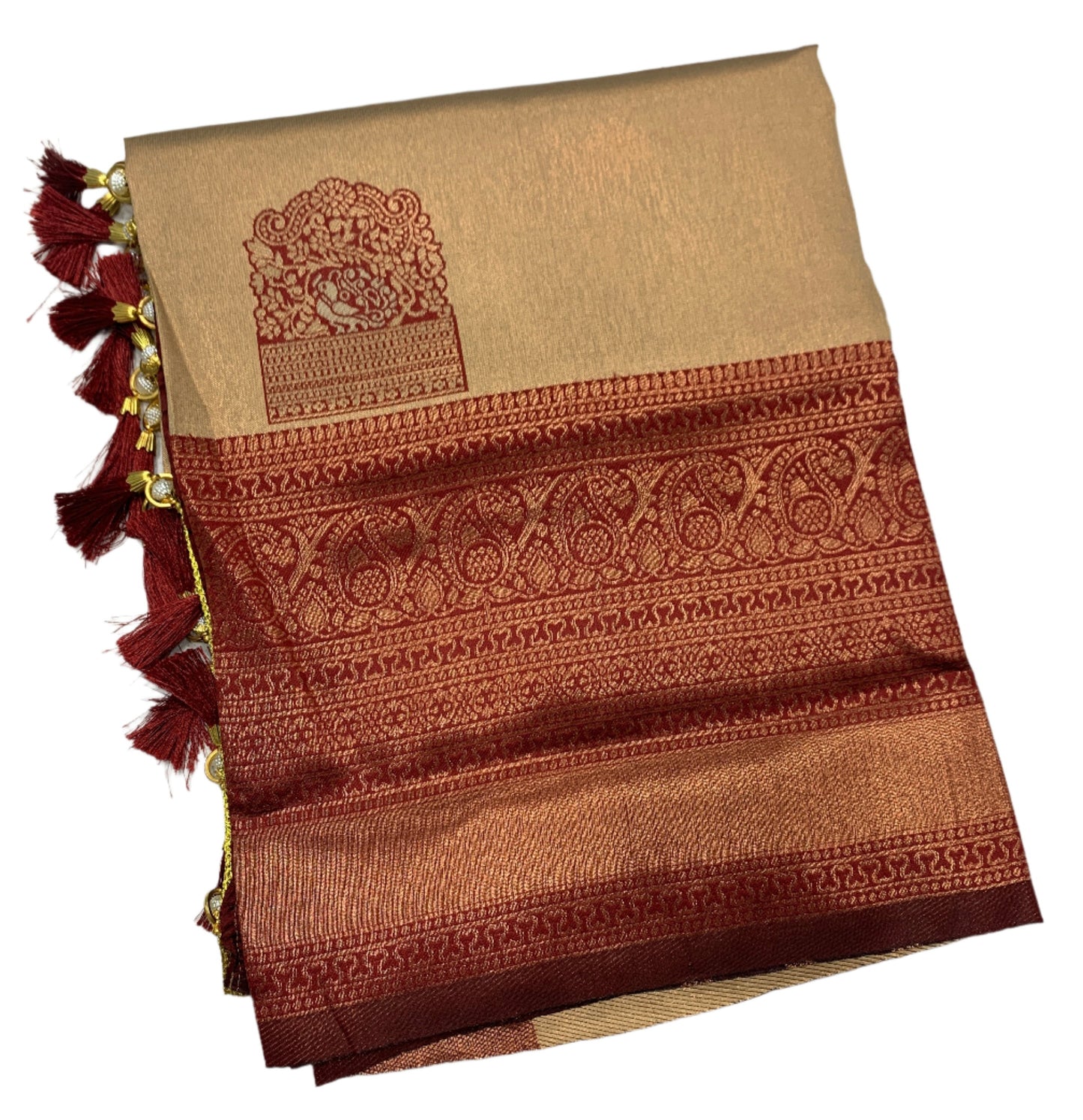 Art Silk Saree Sandal Colour with Maroon Border