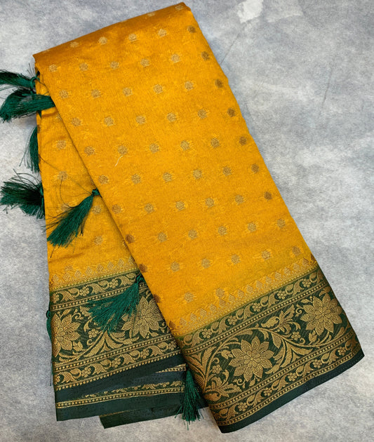 Crepe Saree Mustard Colour with Green Border