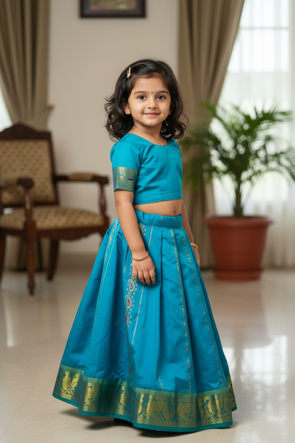 Sky Blue shade Semi silk Kids Pattu Pavadai with Contrast border for age 5 to 10