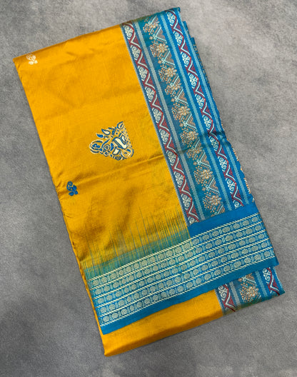 Pure Kanchipuram Silk Mustard Yellow Colour with Sky Blue Colour Thread Work Border
