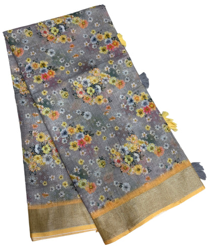 Jute Cotton Saree Gray Colour with Thread Border
