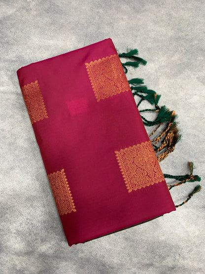 Soft Vegan Silk Saree Maroon Colour with Green and Copper Border