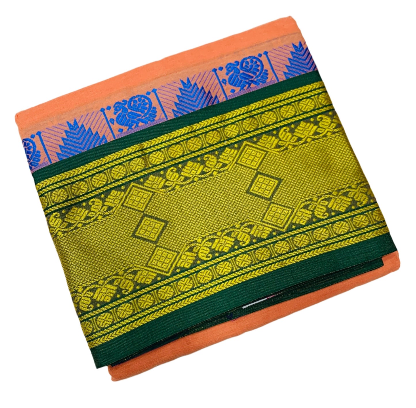 9X5 Cotton Dhoti Salmon Colour with Green and Blue Border