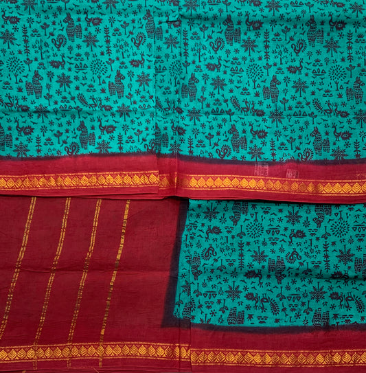 Chettinad Sungudi Cotton Rama Green Colour with Maroon Border