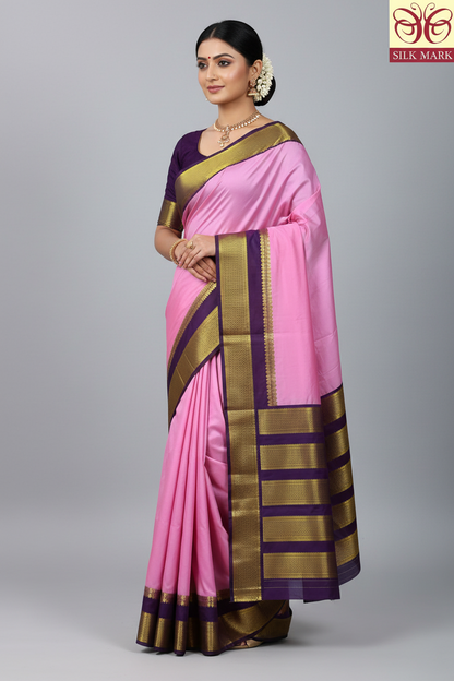 9 yards Pure Kanchipuram Silk Saree Baby Pink Colour with Dark Magenta and Zari Border