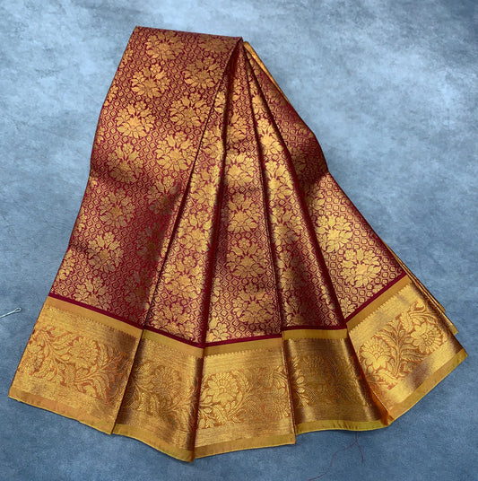 Vegan Silk Saree Maroon Colour with Copper and Golden Border