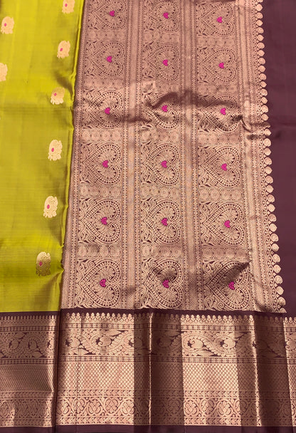 Pure Kanchipuram Silk Saree Olive Green Colour with Brown Border