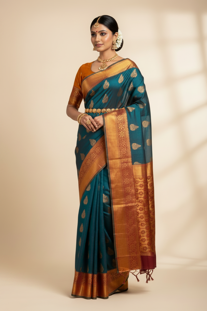 Gray Shade Silk Cotton Saree with Copper Zari Border