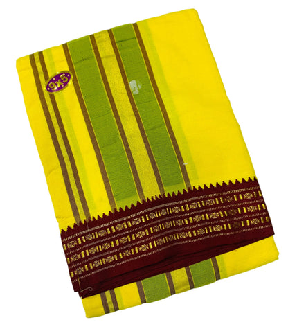 9X5 Cotton Dhoti Yellow Colour with Maroon and Green Border