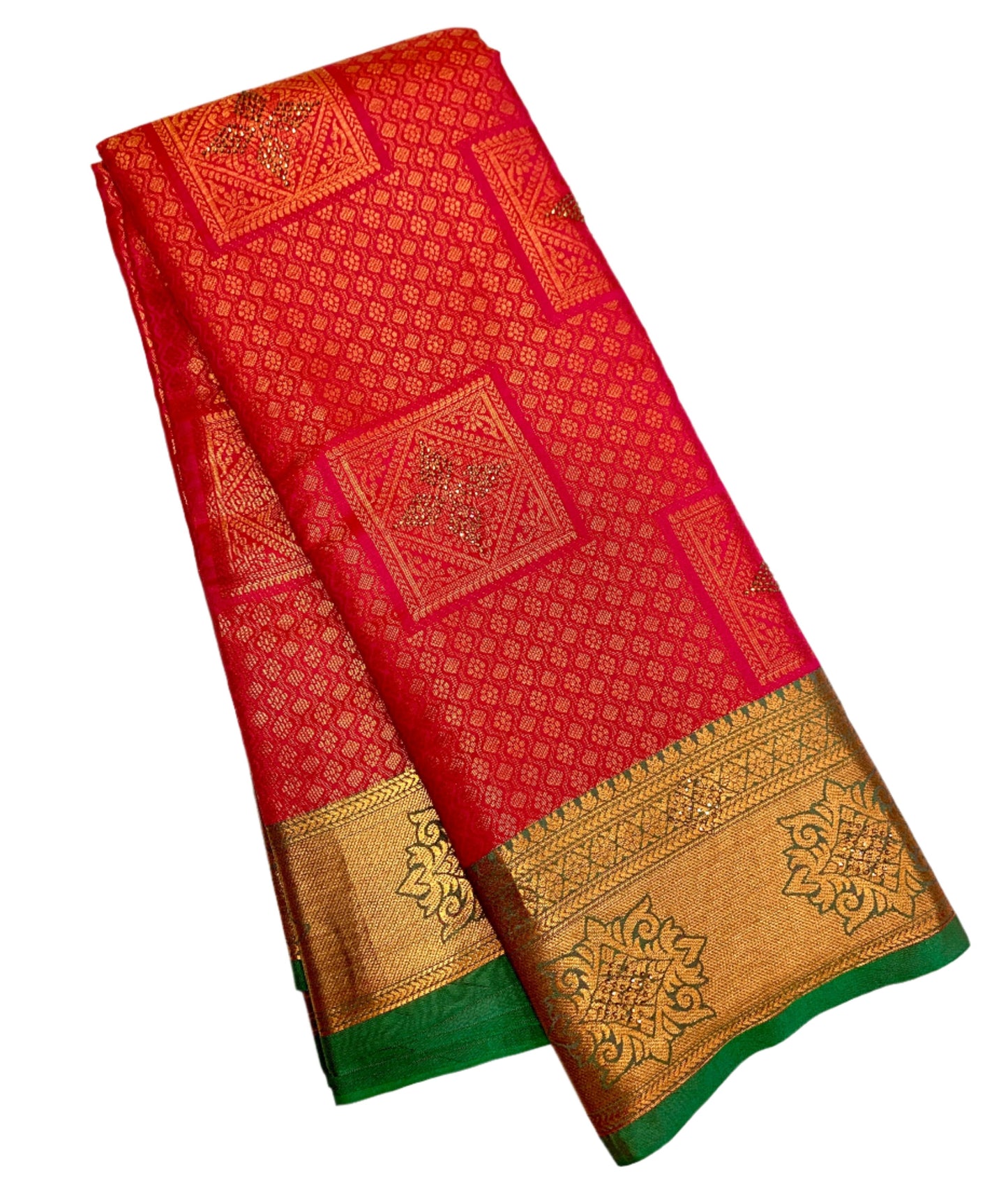 Art Silk Saree Tomato Red Colour with Green Border