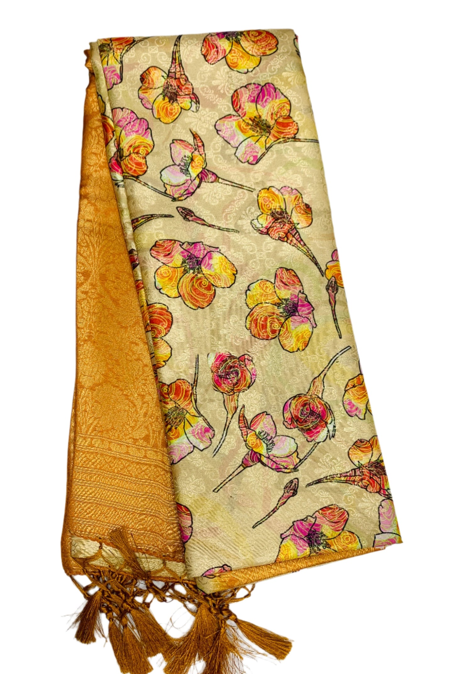 Digital Print Silk Saree Golden Yellow Colour with Floral Pattern