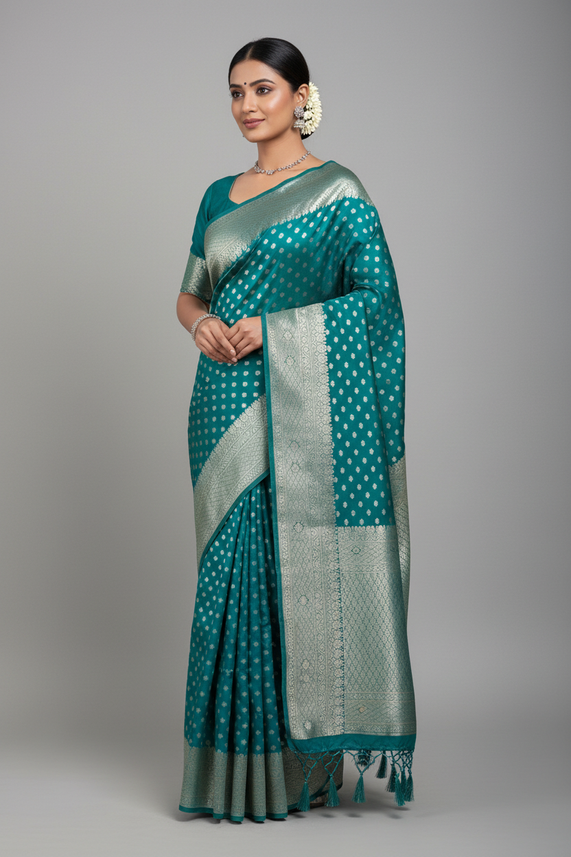 Soft Silk Casual Saree Rama Green Colour with Sliver Colour Border