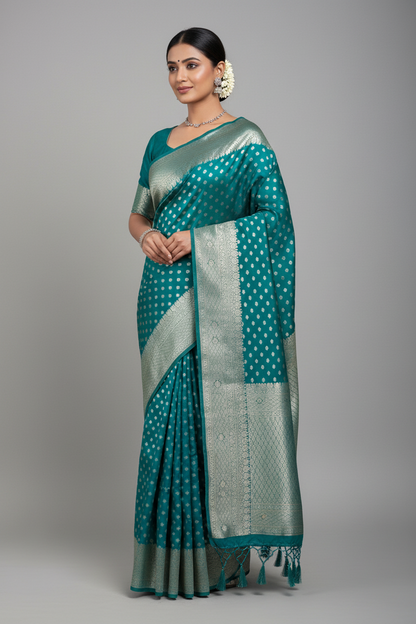 Soft Silk Casual Saree Rama Green Colour with Sliver Colour Border