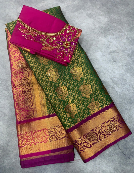 Bridal Vegan Silk Saree Green shade with Purple Border with Unstitched blouse in Aari Work