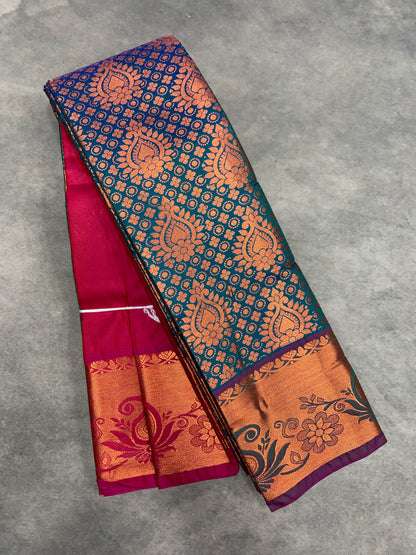 Vegan Silk Saree Peacock Green Colour with Pink and Copper Border