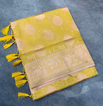 Banaras Katan Saree Yellow Colour with Katan Work Border