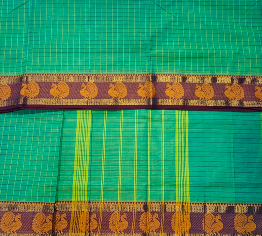 9 yards Cotton Saree Rama Green with Purple Border