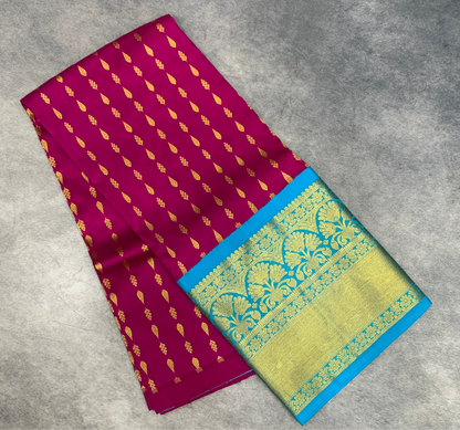 Magenta shade Pure Kanchipuram Kids Pattu Pavadai with contrast border for age 2 to 5
