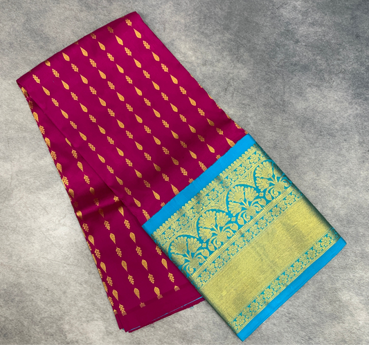 Magenta shade Pure Kanchipuram Kids Pattu Pavadai with contrast border for age 2 to 5