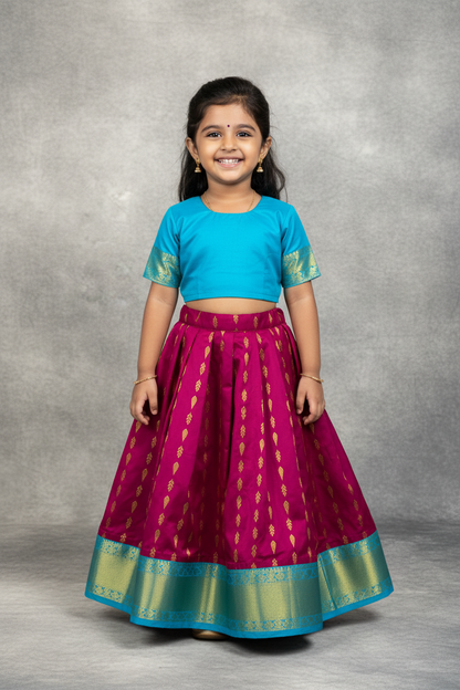 Magenta shade Pure Kanchipuram Kids Pattu Pavadai with contrast border for age 2 to 5