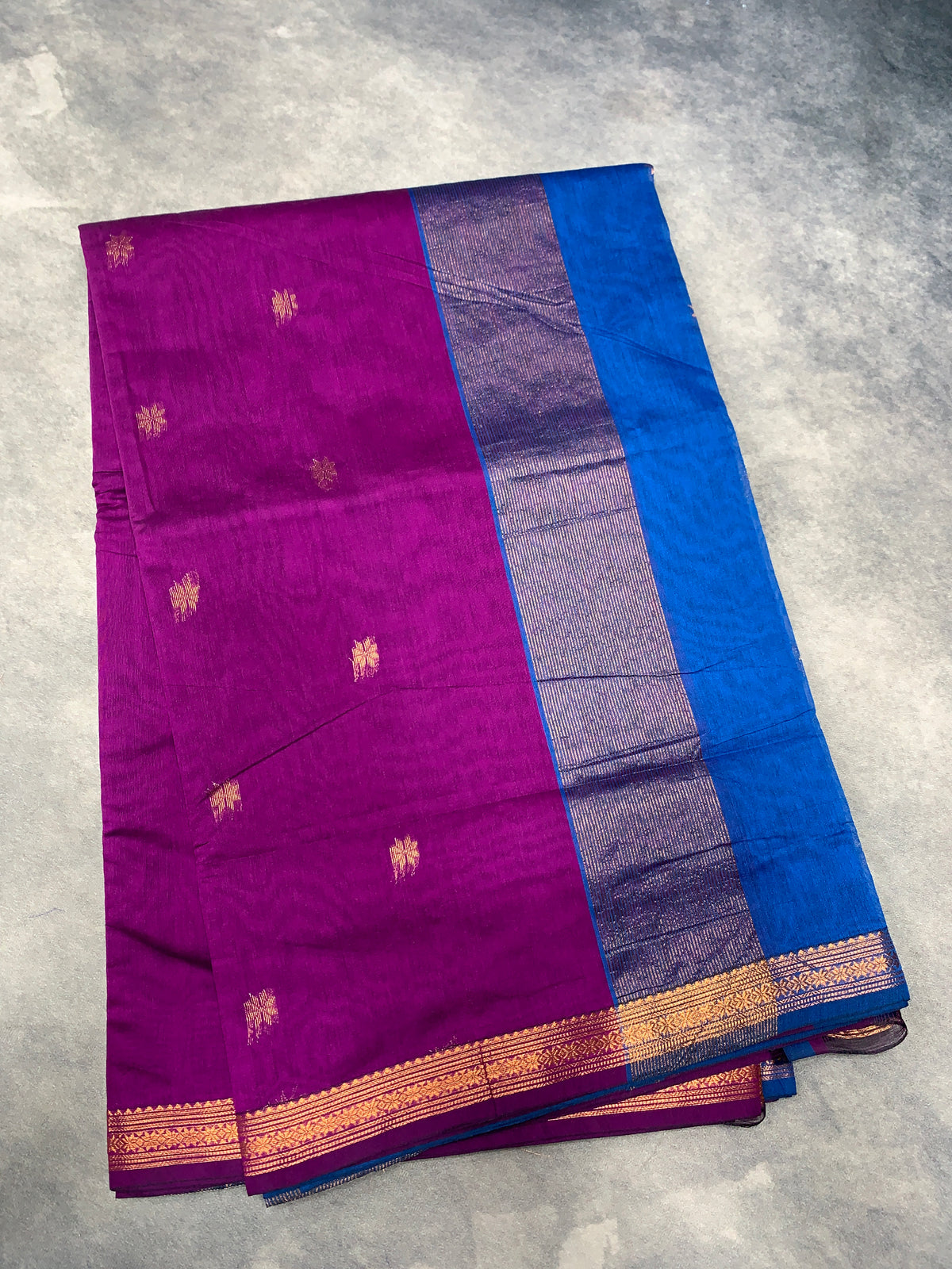 Magenta Colour Silk Cotton Saree with Copper Zari Border