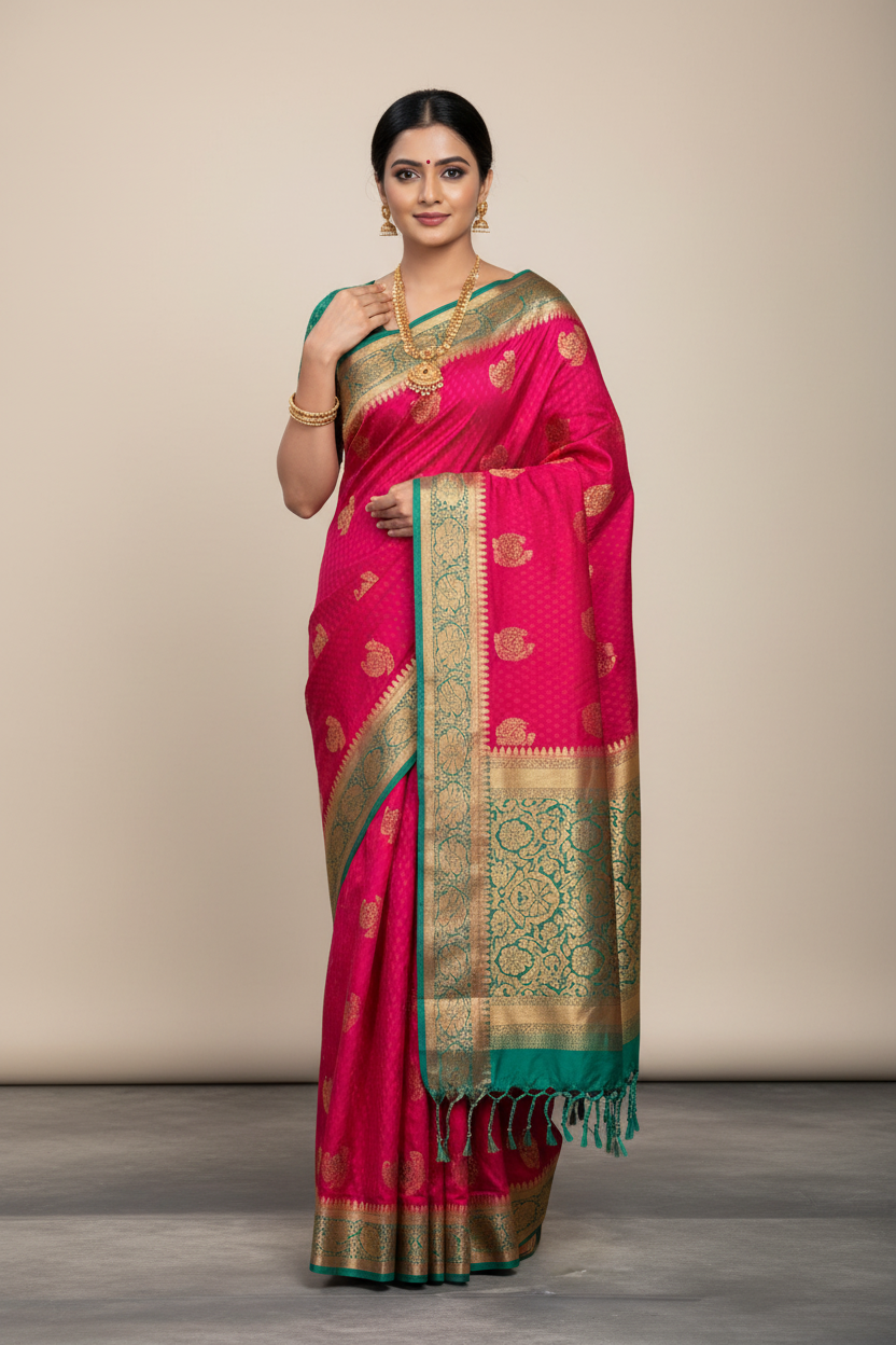 Soft Vegan Silk Saree Pink Colour with Rama Green and Copper Border