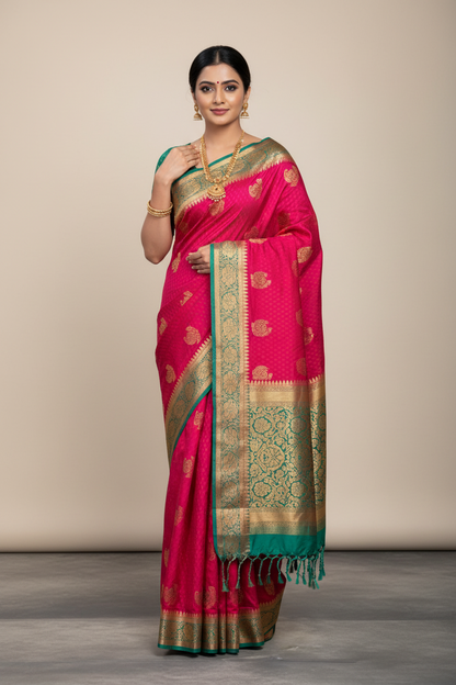 Soft Vegan Silk Saree Pink Colour with Rama Green and Copper Border