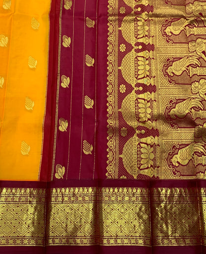 Pure Kanchipuram Silk Saree Mango Yellow Colour with Maroon and Gold Zari Border