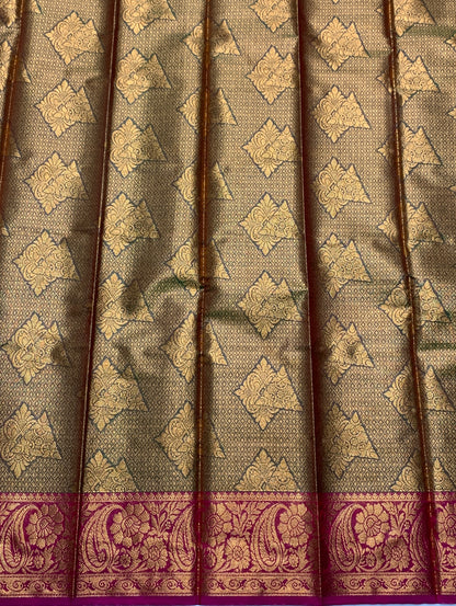 Vegan Silk Saree Olive Green Colour with Copper and Pink Border