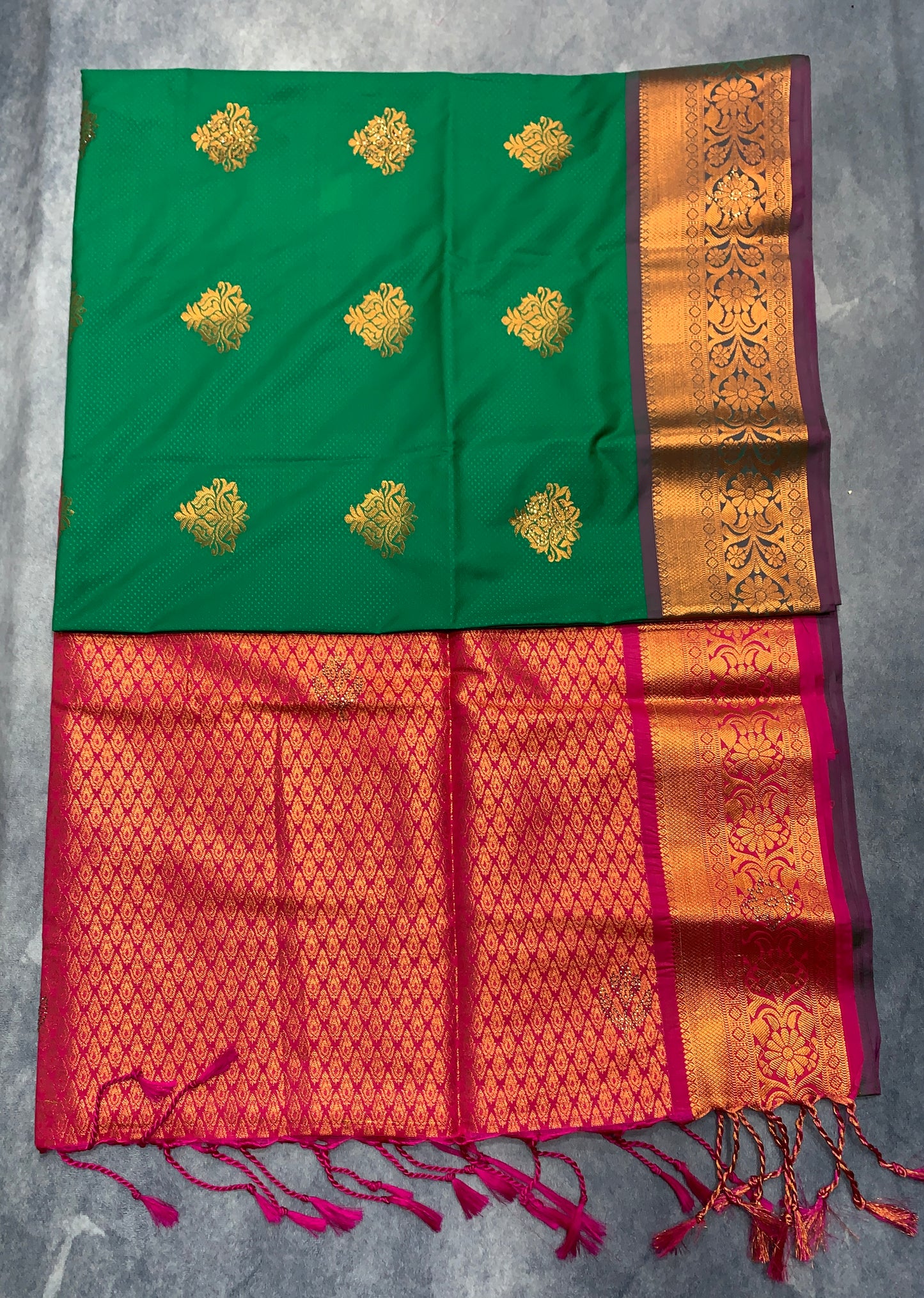 Soft Vegan Silk Saree Light Green Colour with Pink and Copper Border
