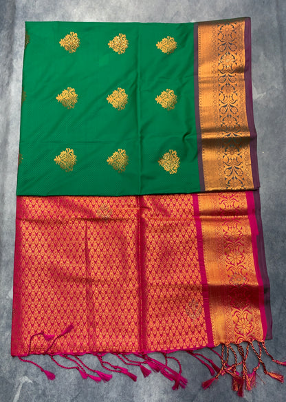 Soft Vegan Silk Saree Light Green Colour with Pink and Copper Border